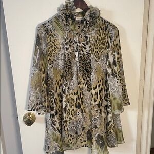 Jaipur Green Artsy Animal Print Ruffled Collar Oversized Tunic Sheer Blouse L